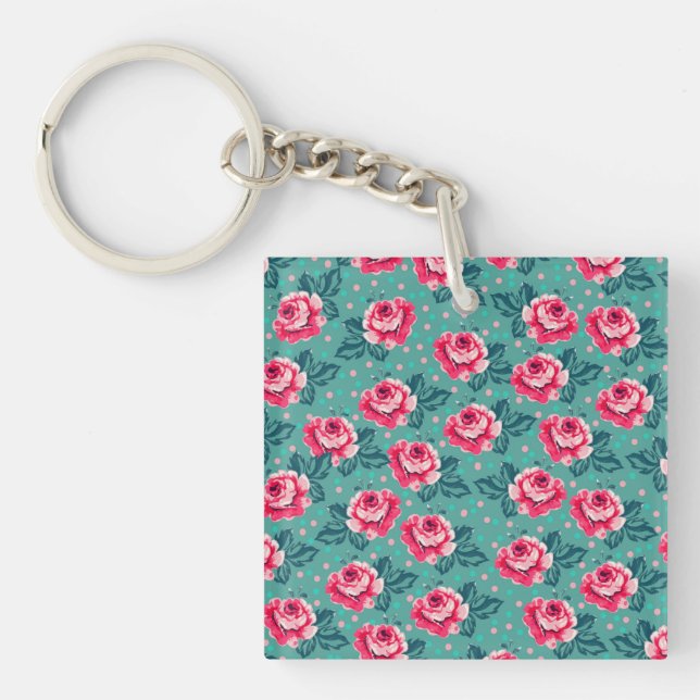 Pretty Pink Roses and Polka Dot Pattern on Teal Keychain (Front)