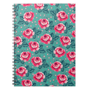 Pretty Pink Roses and Polka Dot Pattern on Teal Notebook