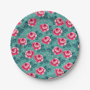 Pretty Pink Roses and Polka Dot Pattern on Teal Paper Plates