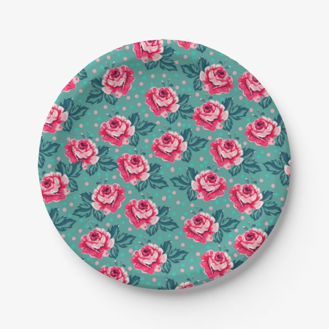 Pretty Pink Roses and Polka Dot Pattern on Teal Paper Plates (Front)