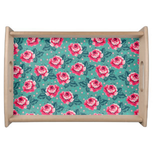Pretty Pink Roses and Polka Dot Pattern on Teal Serving Tray