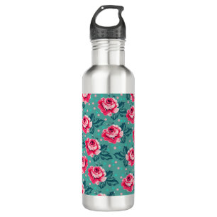 Pretty Pink Roses and Polka Dot Pattern on Teal Stainless Steel Water Bottle