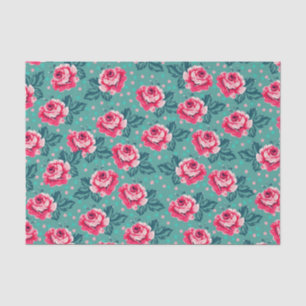 Pretty Pink Roses and Polka Dot Pattern on Teal Tissue Paper