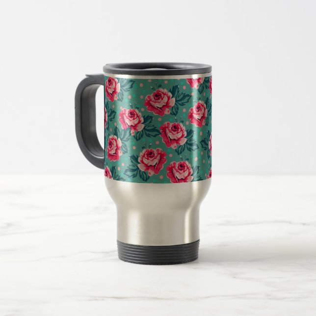 Pretty Pink Roses and Polka Dot Pattern on Teal Travel Mug (Front Left)