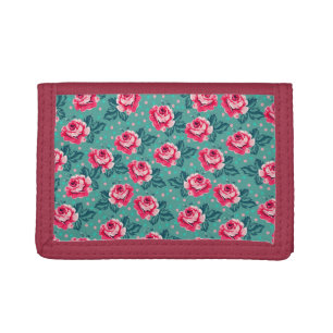 Pretty Pink Roses and Polka Dot Pattern on Teal Trifold Wallet