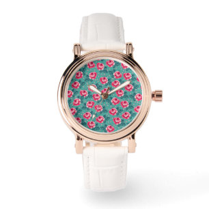 Pretty Pink Roses and Polka Dot Pattern on Teal Watch