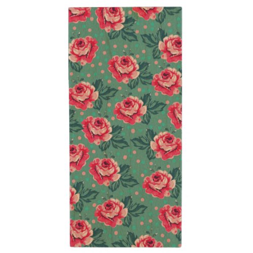 Pretty Pink Roses and Polka Dot Pattern on Teal Wood Flash Drive