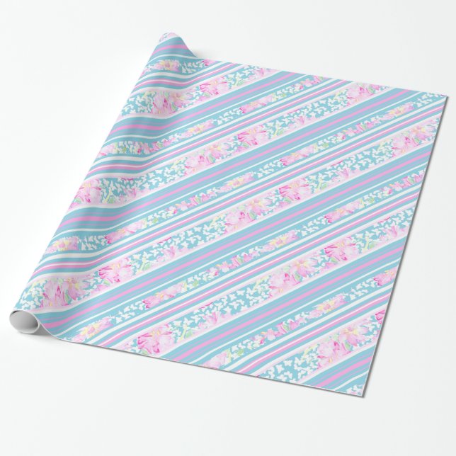 Pretty Pink Roses and Turquoise Stripes Giftwrap Wrapping Paper (Unrolled)