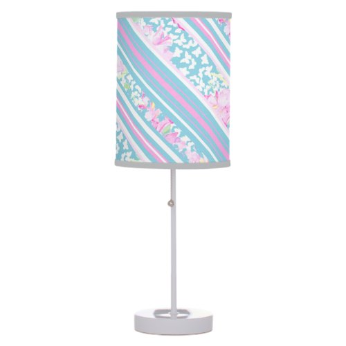 Pretty Pink Roses and Turquoise Stripes Table Lamp