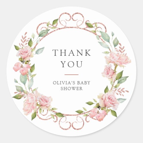 Pretty Pink Roses Baby Shower or Baptism Thank You Classic Round Sticker