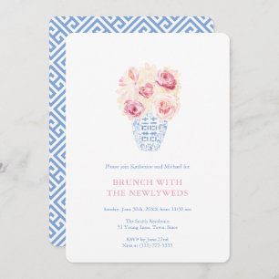 Pretty Pink Roses Blue And White Newlyweds Brunch Invitation