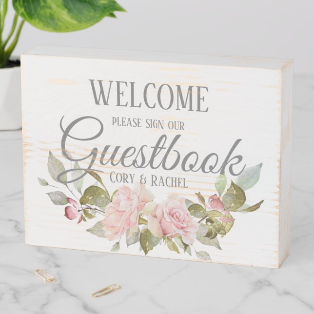 Pretty Pink Roses Bouquet Guestbook Wooden Box Sign (In Situ Horizontal)