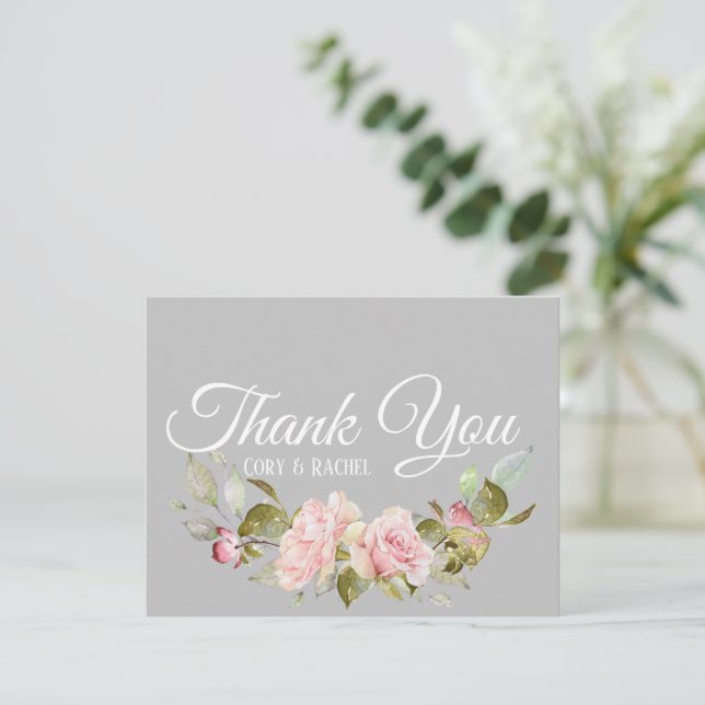 Pretty Pink Roses Bouquet on Gray Thank You Card (Standing Front)