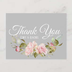 Pretty Pink Roses Bouquet on Gray Thank You Postcard