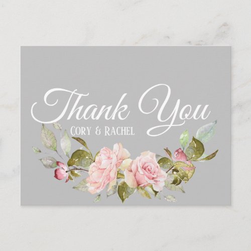 Pretty Pink Roses Bouquet on Gray Thank You Postcard