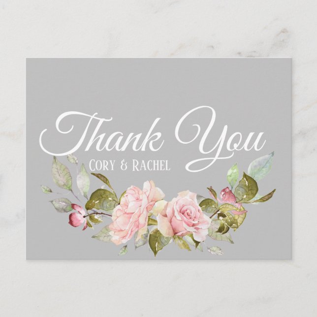 Pretty Pink Roses Bouquet on Gray Thank You Postcard (Front)