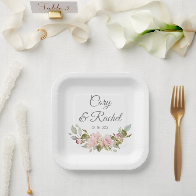 Pretty Pink Roses Bouquet  Wedding Paper Plates (Wedding)