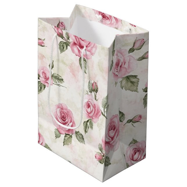 Pretty Pink Roses Bridal Shower Medium Gift Bag (Front Angled)