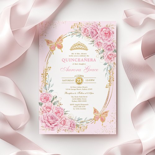Pretty Pink Roses Butterflies Quincea&#241;era Invitation