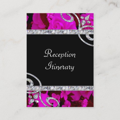 Customizable Pretty Pink Roses &amp; Diamond Swirls Wedding Business Card Templates