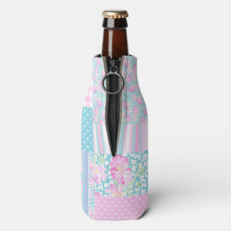 Pretty Pink Roses Faux Patchwork Bottle Cooler