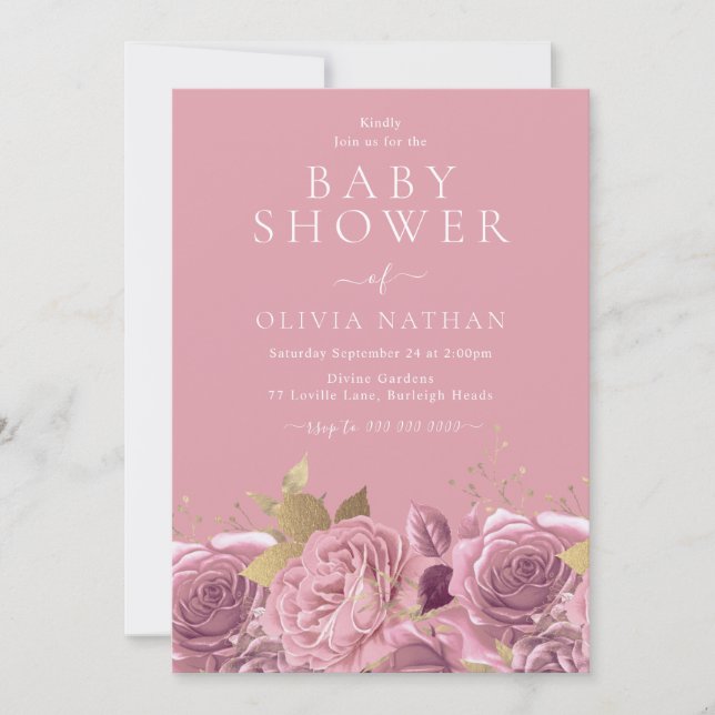 Pretty Pink Roses Floral Baby Shower Invitation (Front)