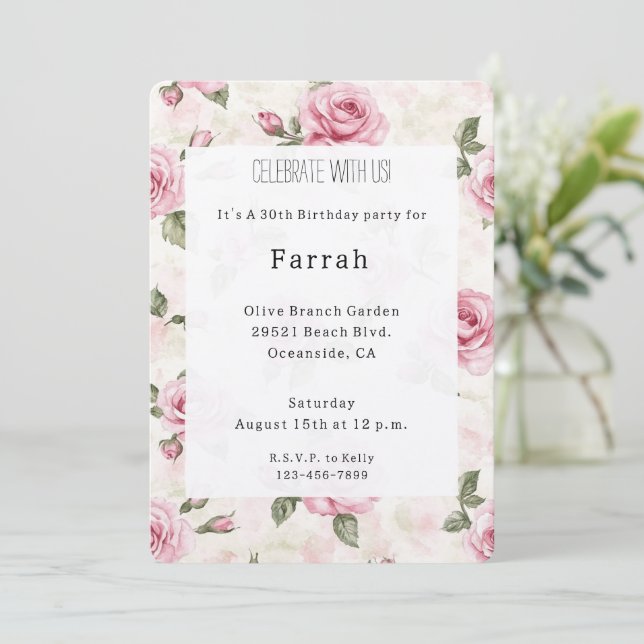 Pretty Pink Roses Floral Birthday   Invitation (Standing Front)