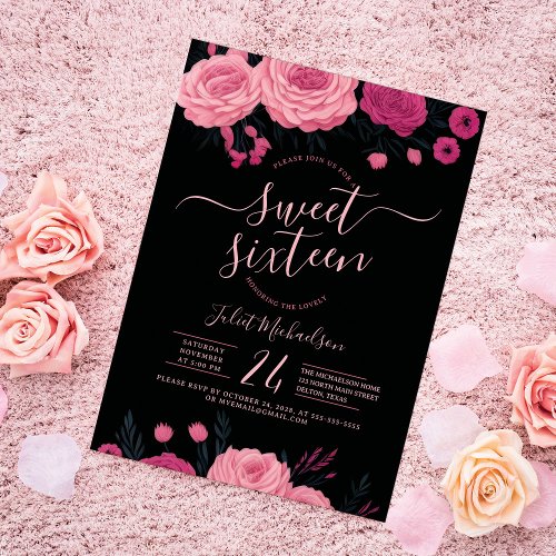 Pretty Pink Roses Floral Black Sweet 16 Invitation