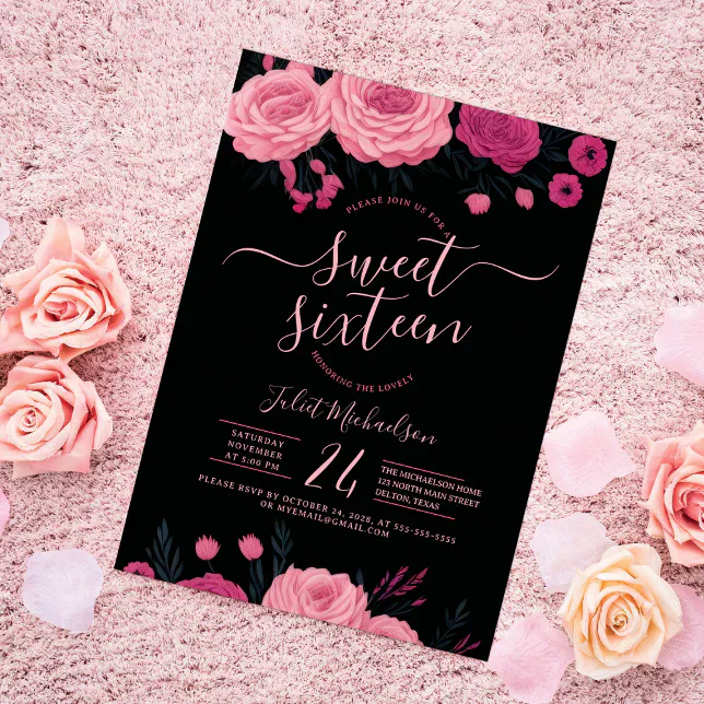 Sweet 16 Pink Roses Pretty Pink Roses Floral Black Sweet 16 Invitation | Zazzle