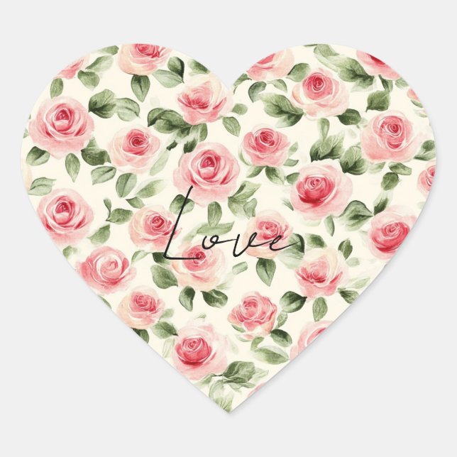 Pretty Pink Roses Floral Bridal Shower Heart Sticker (Front)