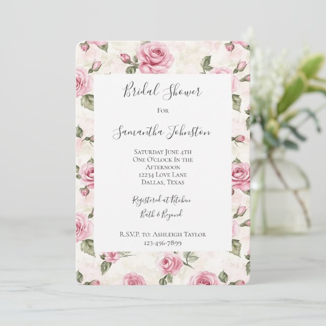 Pretty Pink Roses Floral Bridal Shower Invitation (Standing Front)