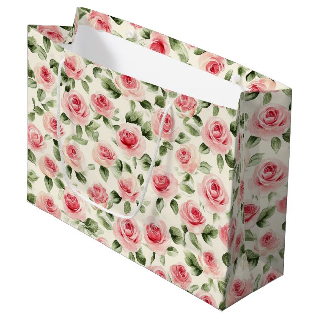 Pretty Pink Roses Floral Bridal Shower Large Gift Bag (Front Angled)