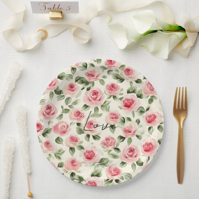 Pretty Pink Roses Floral Bridal Shower Paper Plates (Wedding)