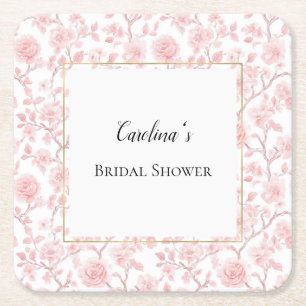 Pretty Pink Roses Floral Bridal Shower Square Paper Coaster