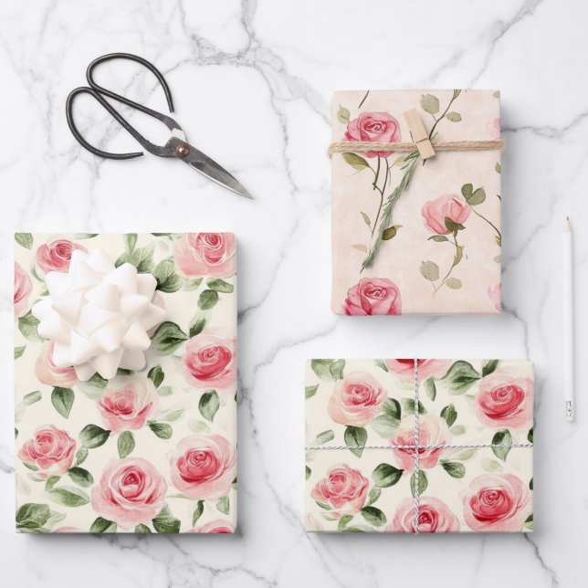 Pretty Pink Roses Floral Bridal Shower Wrapping Paper Sheets (Front)