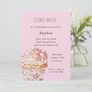 Pretty Pink Roses Floral Cupcake Birthday Invitation