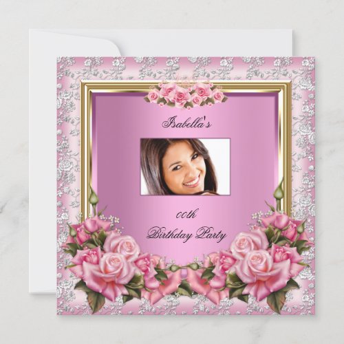 Pretty Pink Roses Floral Damask Photo Birthday Invitation