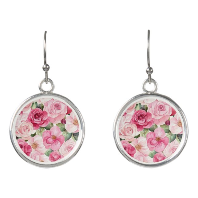 Pretty Pink Roses Floral  Earrings (Front)