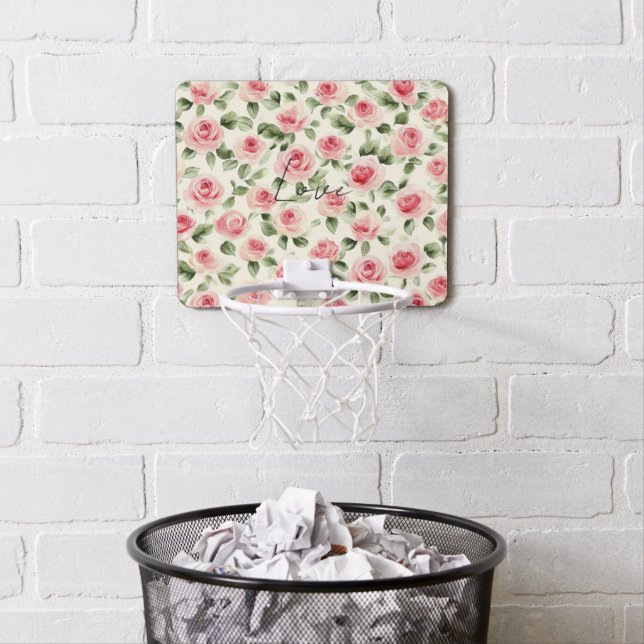 Pretty Pink Roses Floral Mini Basketball Hoop (In Situ)