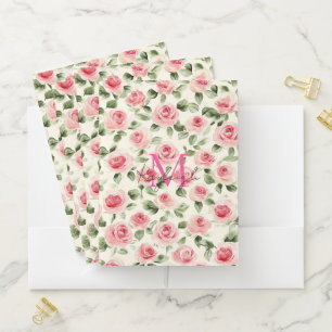 Pretty Pink Roses Floral Monogram Pocket Folder
