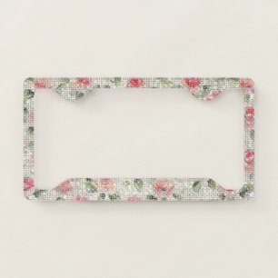 Pretty Pink Roses Floral Sparkle License Plate Frame