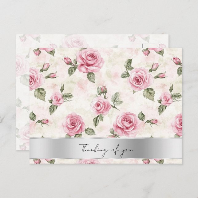 Pretty Pink Roses Floral Thinking of you Postcard (Front/Back)