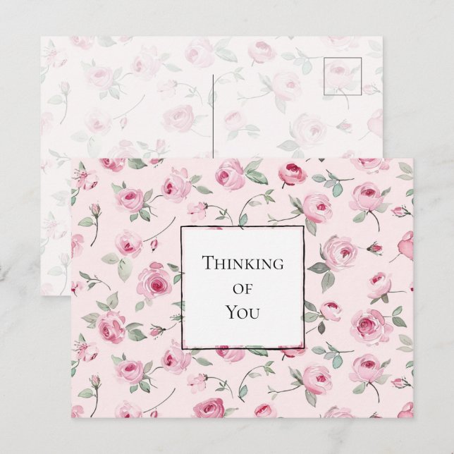 Pretty Pink Roses Floral Thinking of you Postcard (Front/Back)