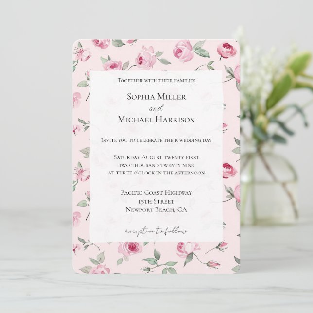 Pretty Pink Roses Floral Wedding Invitation (Standing Front)