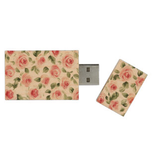 Pretty Pink Roses Floral Wood Flash Drive