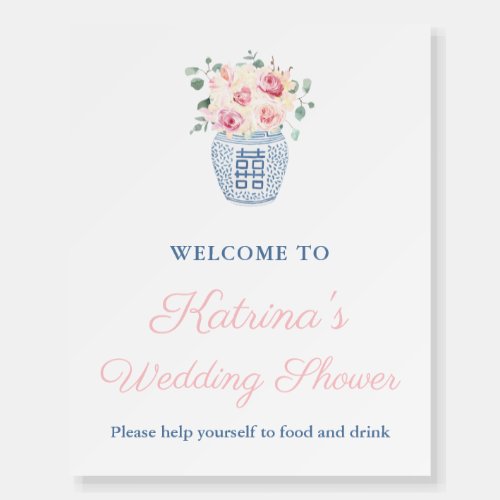 Pretty Pink Roses Ginger Jar Bridal Shower Welcome Foam Board - This wedding or shower sign features a classic blue and white Ginger Jar vase filled with sumptuous pink garden roses. 