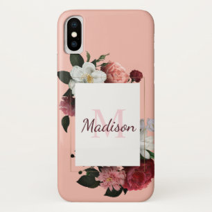 Pretty Pink Roses Girly Floral Initial Name iPhone X Case