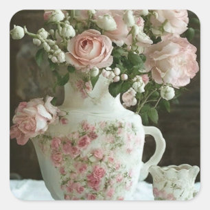 Pretty Pink Roses in Vintage Antique China Teapot Square Sticker