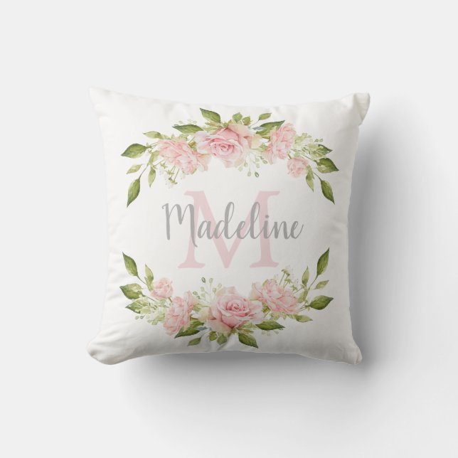 Pretty Pink Roses | Monogram and Name Throw Pillow (Front)
