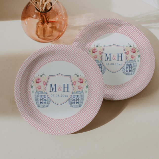Pretty Pink Roses Monogram Bridal Shower Party Paper Plates (Pretty pink and navy chinoiserie couples monogram paper plates for wedding or jack and jill shower)